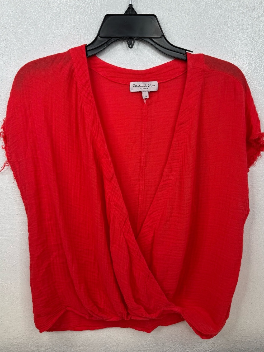 Michael Stars Wrap Top Womens XS Red Orange Gauze Cap Sleeve V-Neck Raw Hem